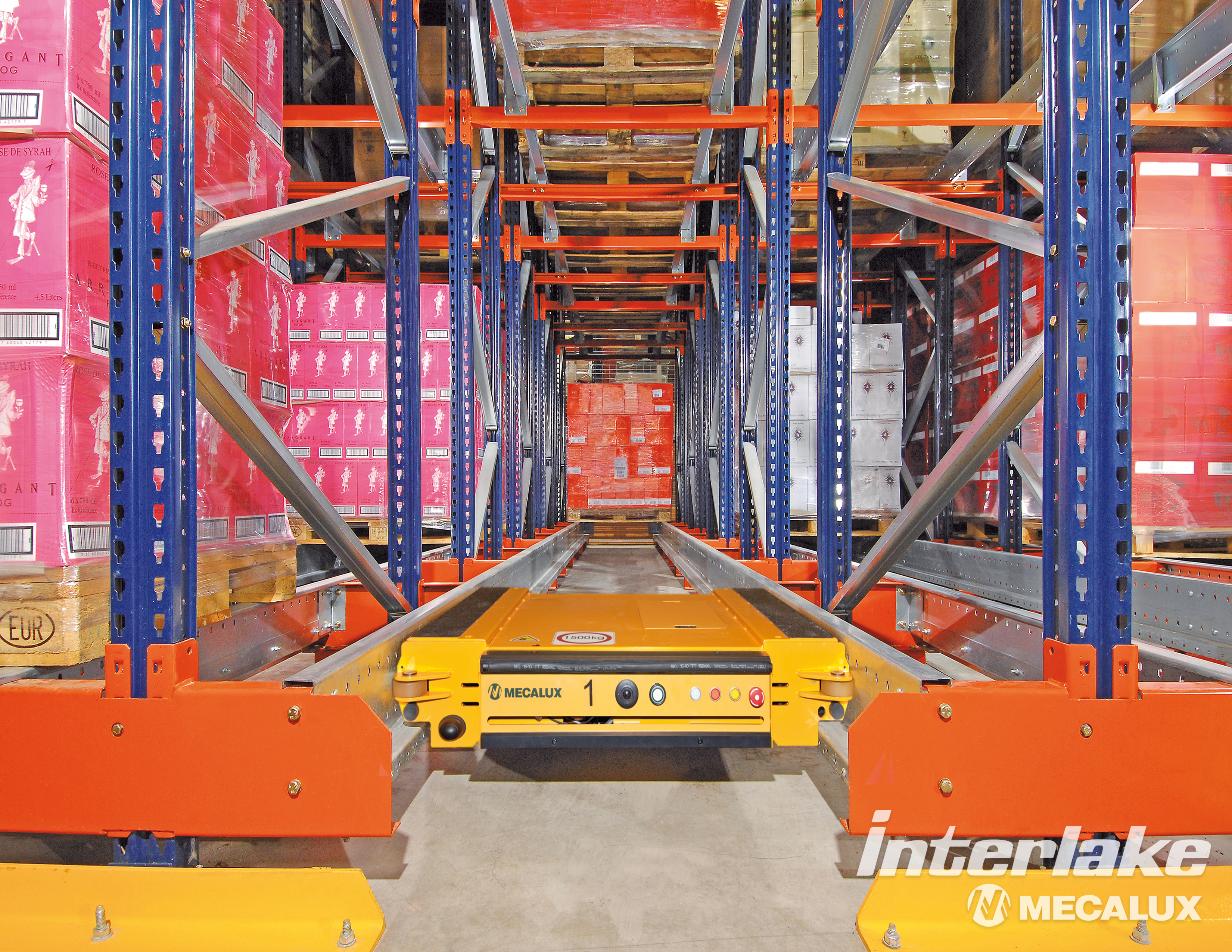 Mecalux pallet shuttle cart in deep lane storage system — automated warehouse